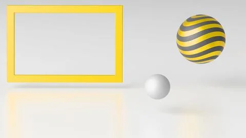 Minimalistic three-dimensional render with an empty frame and floating geomet Stock Illustration