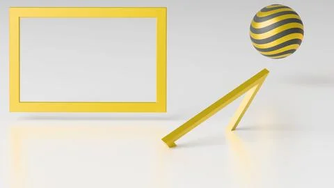 Minimalistic three-dimensional render with an empty frame and floating geomet Stock Illustration