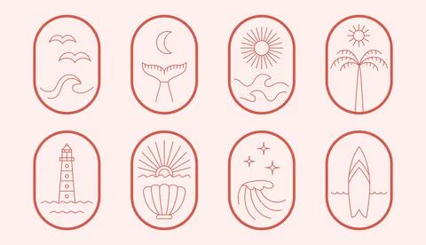 Minimalistic vacation, logo emblem in thin line boho style. Cute trendy stylish Stock Illustration