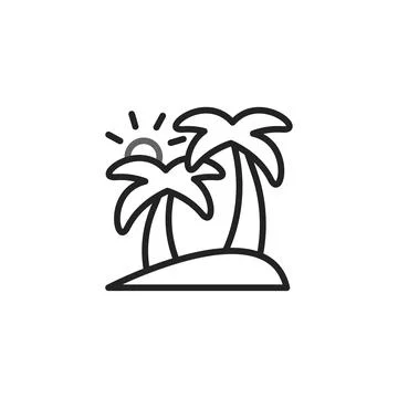 Minimalistic vector artwork displaying palm trees on a sandy island under t.. Ilustração Stock