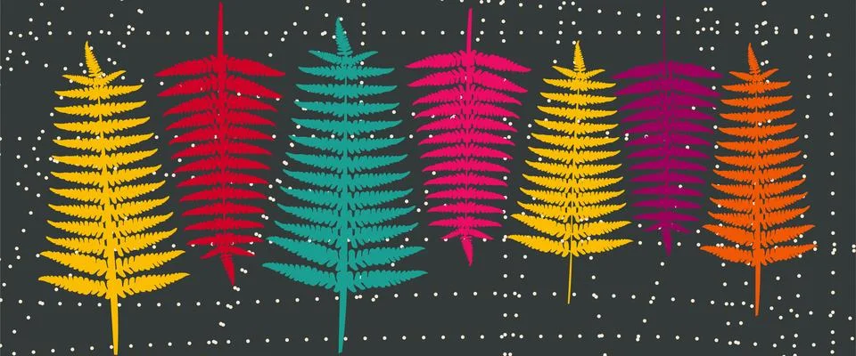 Minimalistic vector background with a row of fern-like multicolored foliage Stock Illustration