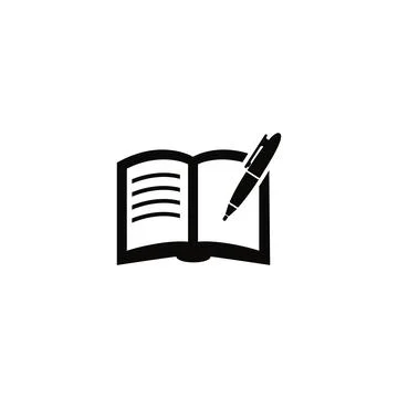 Minimalistic vector icon depicting an open book with a pen Stock Illustration