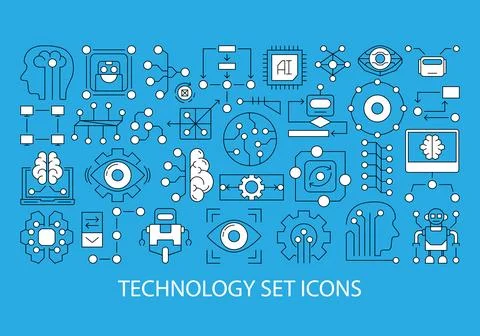 Minimalistic vector icons of AI, machine learning, brain and robot Stock Illustration