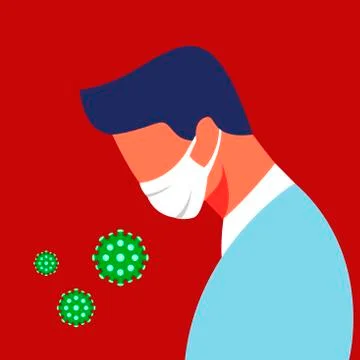 Minimalistic vector image of a doctor in face mask with flying green germs Stock Illustration