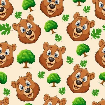 Minimalistic vector seamless pattern of repeating bear faces, trees and lea.. 스톡 일러스트