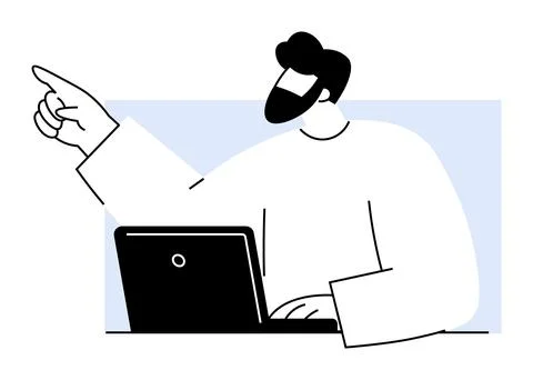 A minimalistic vector shows a man with a beard sitting at a desk using a lapt Illustrazione stock