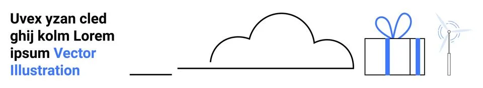 Minimalistic visual featuring a cloud, gift box with ribbon, and wind turbine Stock Illustration