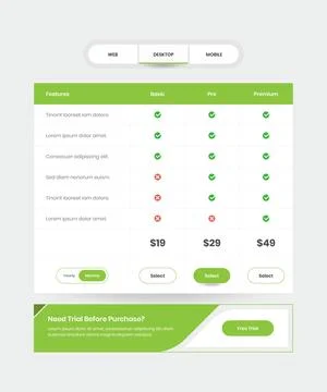 Minimalistic web subscription pricing comparison table interface design Stock Illustration
