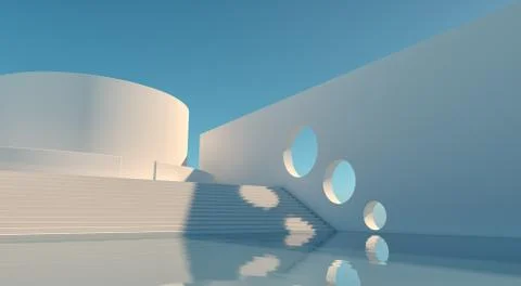 Minimalistic white Building with pool - 3D Rendering Stock Illustration