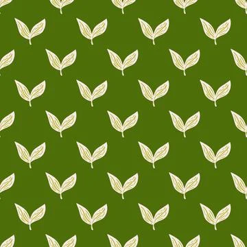 Minimalistic white leaf elements seamless doodle pattern. Green background. B Illustrazione stock