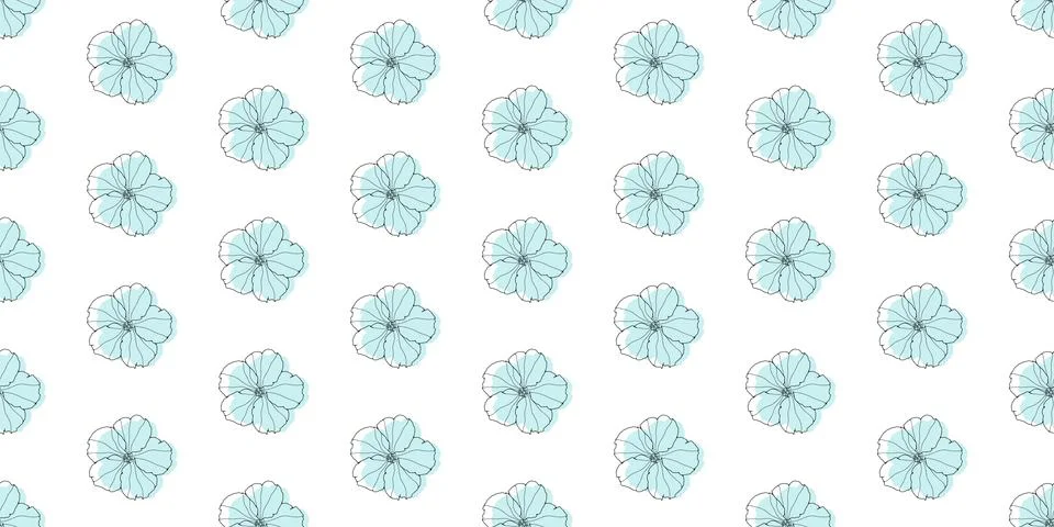 Minimalistic white seamless pattern with cute blue flowers. Stock Illustration