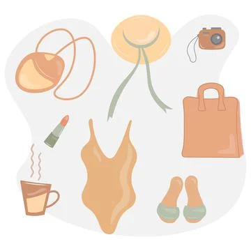 Minimalistic womens beach boho style set. Fashion clothes, swimsuit, bag, hat Stockillustratie