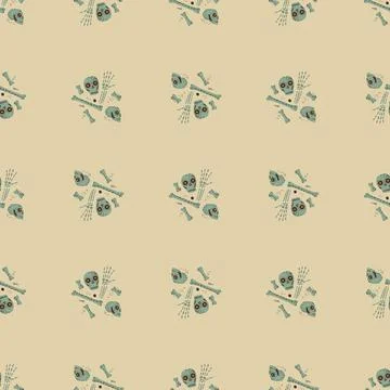 Minimlistic pastel tones seamless pattern with green skull and bones shapes.  Illustrazione stock