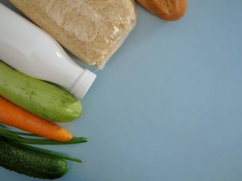 The minimum consumer grocery basket for every day. Fresh vegetables, herbs, milk Stock Photos