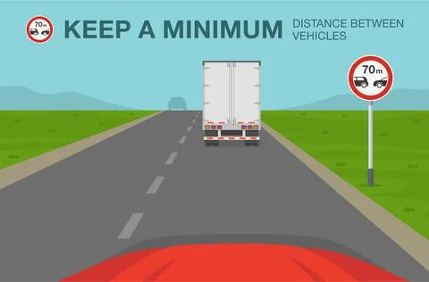 "Minimum following distance between vehicles" traffic or road sign meaning. Stock Illustration