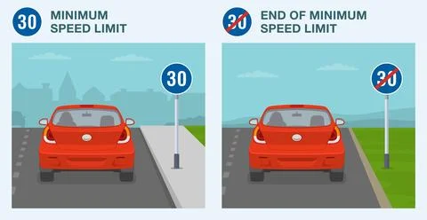 Minimum speed limit and end of limit sign. Back view of a red car on roads. Stock Illustration