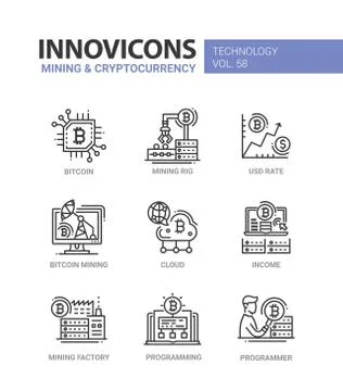 Mining and cryptocurrency - line design icons set Stock Illustration