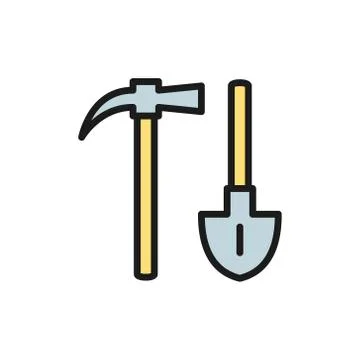 Mining axe with shovel flat color icon. 스톡 일러스트