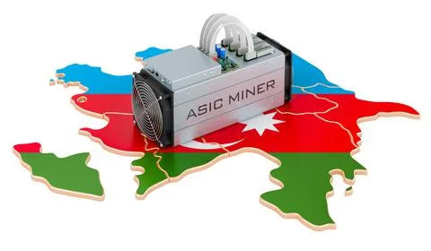 Mining in Azerbaijan, concept. ASIC miner with Azerbaijani map. 3D rendering Stock Illustration