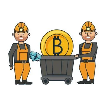 Mining bitcoin and workers with wagon Illustrazione stock