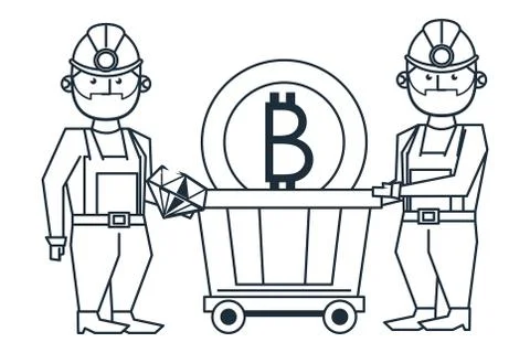 Mining bitcoin and workers with wagon Illustrazione stock