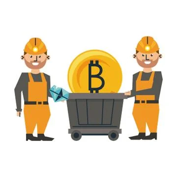 Mining bitcoin and workers with wagon 스톡 일러스트
