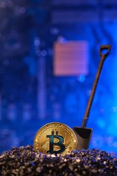 Mining Bitcoin crypto currency on circuit board.virtural money.blockchain t.. Stock Photos