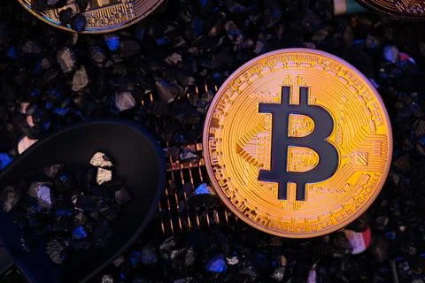 Mining Bitcoin crypto currency on circuit board.virtural money.blockchain t.. Stock Photos