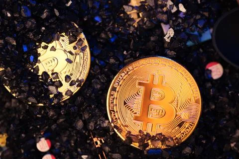 Mining Bitcoin crypto currency on circuit board.virtural money.blockchain t.. Stock Photos