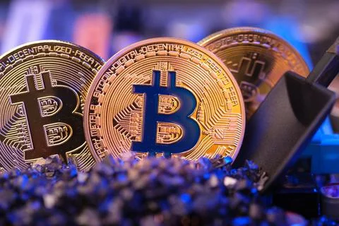Mining Bitcoin crypto currency on circuit board.virtural money.blockchain t.. Stock Photos