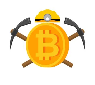 Mining bitcoin logo. Meiner emblem. Helmet and pickaxe and coin are crypto cu イラスト素材
