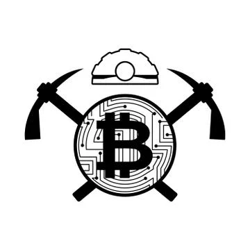 Mining bitcoin logo. Meiner emblem. Helmet and pickaxe and coin are crypto cu イラスト素材