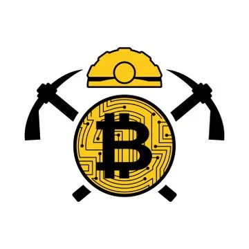 Mining bitcoin logo. Meiner emblem. Helmet and pickaxe and coin are crypto cu Stock Illustration