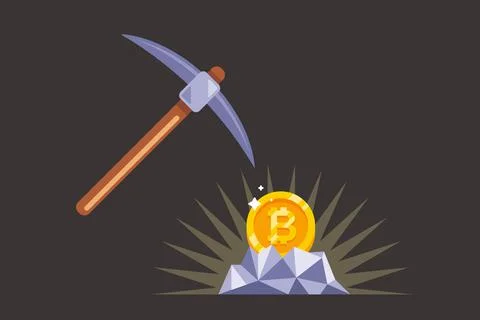Mining bitcoin with a pickaxe in the mine. gold coin in stone. Stock Illustration