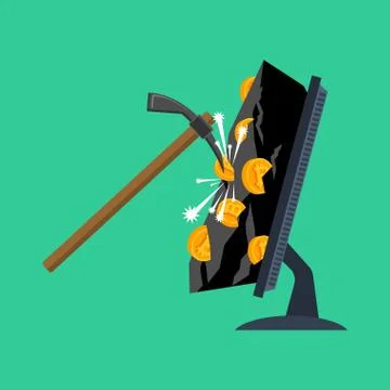 Mining bitcoin in Rock in PC. Extraction Crypto currency in computer. Virtual Stock Illustration