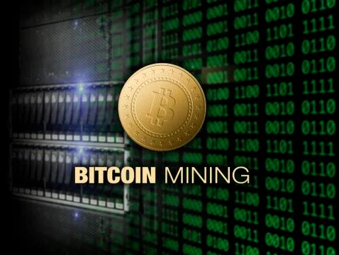 Mining bitcoin on server and dollars background Stock Photos