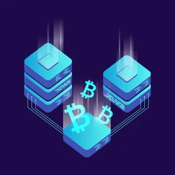 Mining bitcoin server vector icon in isometric style. Blockchain crypto money Illustrazione stock