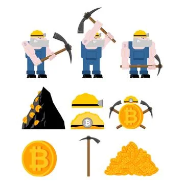 Mining bitcoin set. Minir Extraction Crypto currency businessman screams for  Illustrazione stock