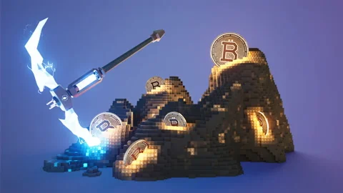 Mining Bitcoin Voxel High Voltage Energy Pick Axe Thunderbolt 3D Render Stock Footage 171984342