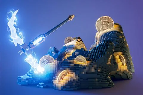 Mining Bitcoin Voxel High Voltage Energy Pick Axe Thunderbolt 3D Illustration Stock Illustration