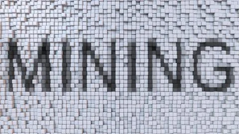 MINING caption on fluctuating pixels background, 3D rendering Illustrazione stock