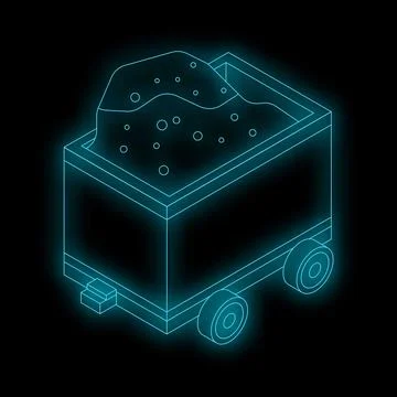 Mining cart full of coal isometric glowing neon icon Stock Illustration