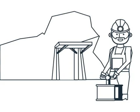 Mining cave and worker with detonator Illustrazione stock