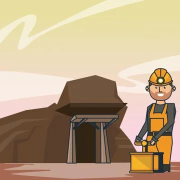Mining cave and worker with detonator Illustrazione stock