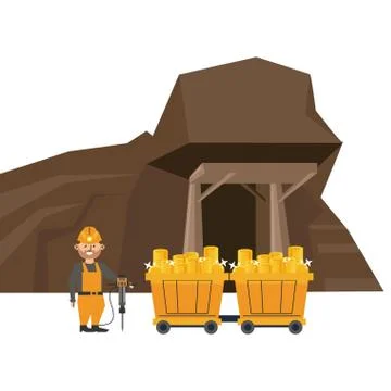Mining cave and worker with wagon carts Illustrazione stock