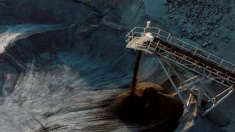 Mining coal conveyor belt machine loading coal mine. Quarry and mineral Stock Footage 160066883