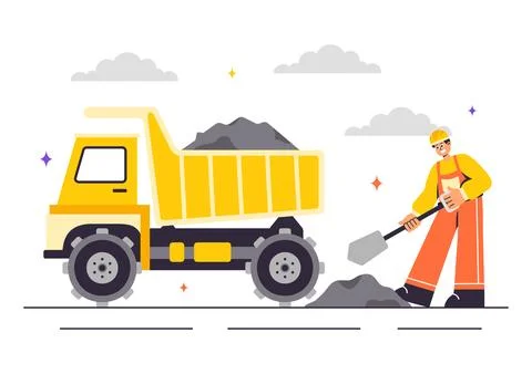 Mining Company Vector Illustration Featuring Heavy Yellow Dumper Trucks for.. Stockillustratie