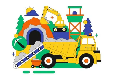 Mining Company Vector Illustration Featuring Heavy Yellow Dumper Trucks for.. イラスト素材