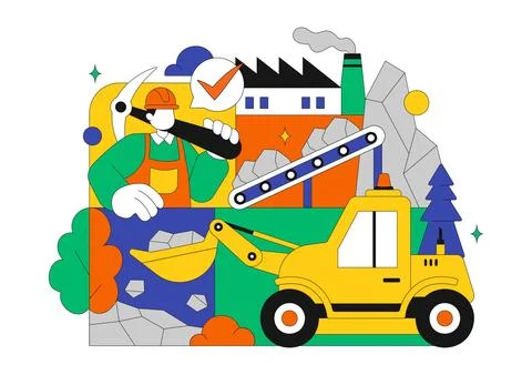 Mining Company Vector Illustration Featuring Heavy Yellow Dumper Trucks for.. イラスト素材
