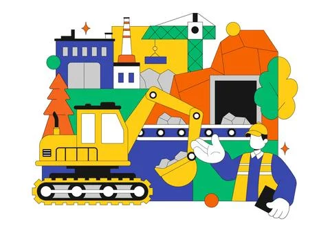 Mining Company Vector Illustration Featuring Heavy Yellow Dumper Trucks for.. Stock Illustration